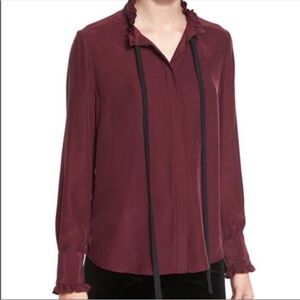 Frame Ruffle Neck Contrast Tie Silk Blouse XS burgundy Edwardian renaissance red